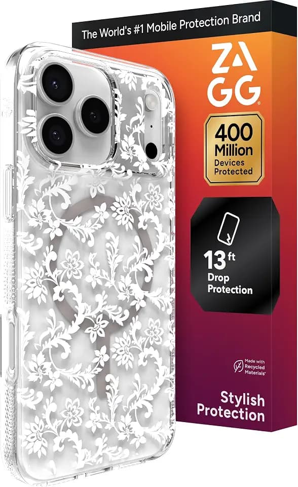 ZAGG Milan Snap Case for iPhone 17 Pro Max - White Boho Blossom, Graphene Strengthened Phone Case with Drop Protection (13ft/4m), Textured Edges & Sparkle Design, MagSafe Charging Compatible