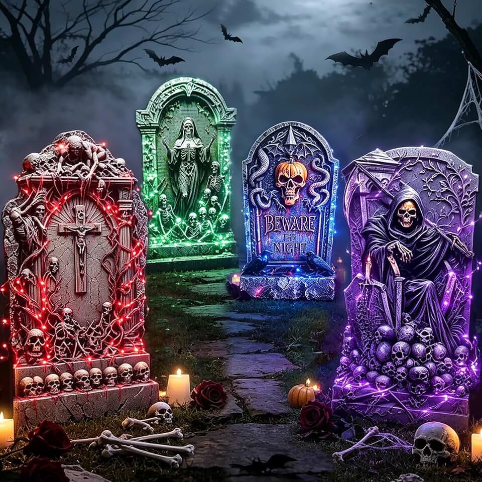 4 Stück Grabstein Halloween Deko Outdoor, Helloween Beleuchtung Outdoor