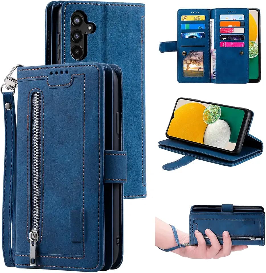 UEEBAI Wallet Case for Samsung Galaxy S24 Plus/S25 Plus 5G, 9 Card Holder Slots Zipper Pocket Handbag Case Magnetic Closure Kickstand with Wrist Strap TPU Shockproof Flip Case for Women - Blue