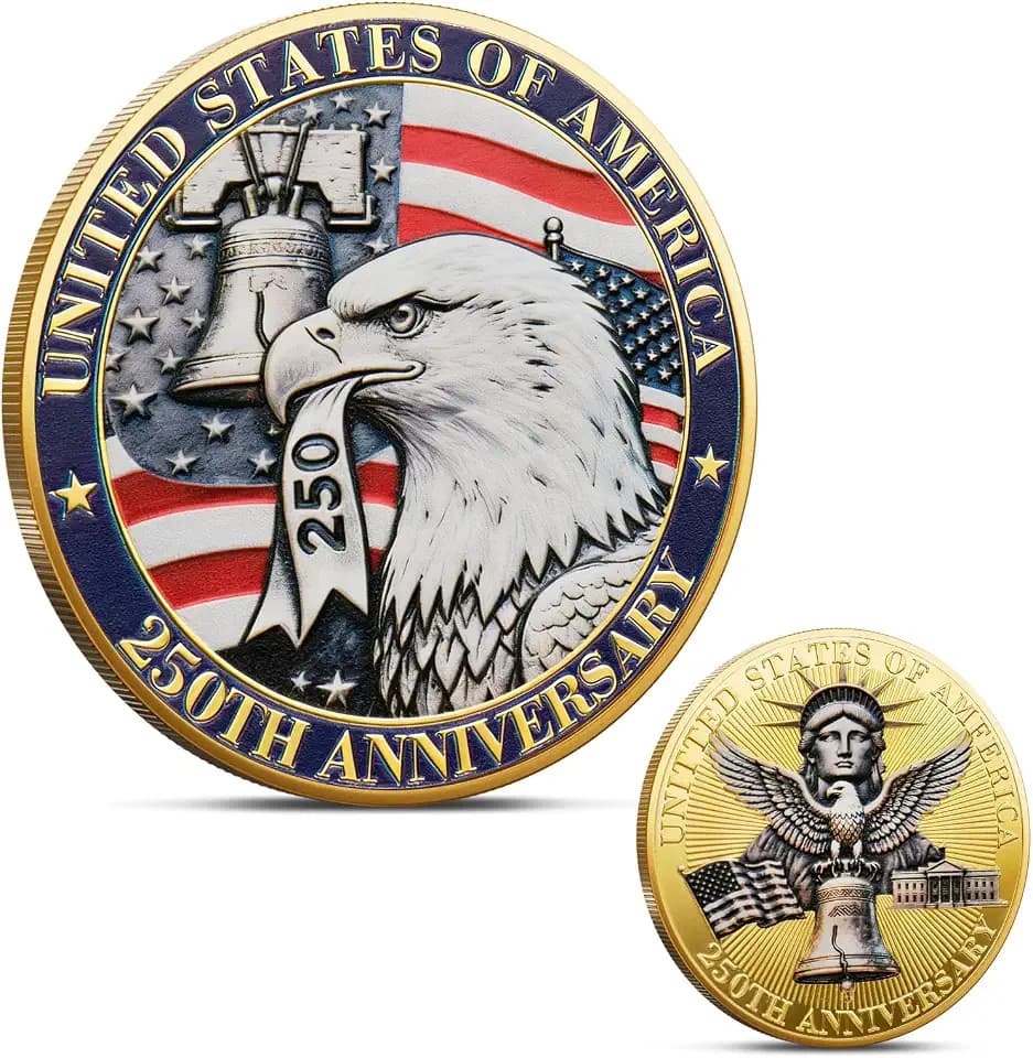 USA 250th Anniversary Challenge Coin 1776-2026 Gold-Plated High Relief Collectible with Red White Blue Enamel Featuring Liberty Bell White House Statue of Liberty Eagle Gift for Veterans Patriots