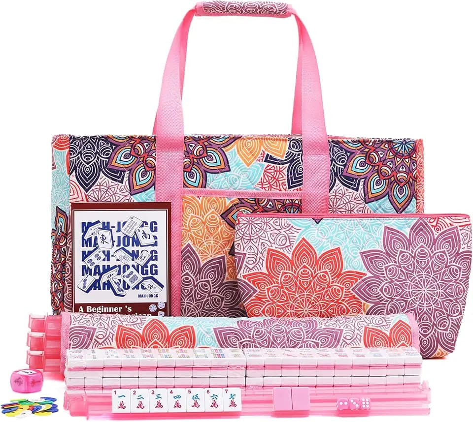 American Mahjong Tile Set with Printed Carrying Bag, 166 Premium Pink Tiles, 4 All-in-One Racks/Pushers and Accessories, Mahjong Set, Complete Mahjong Game Set for Travel,Gifts（Pink Flower）