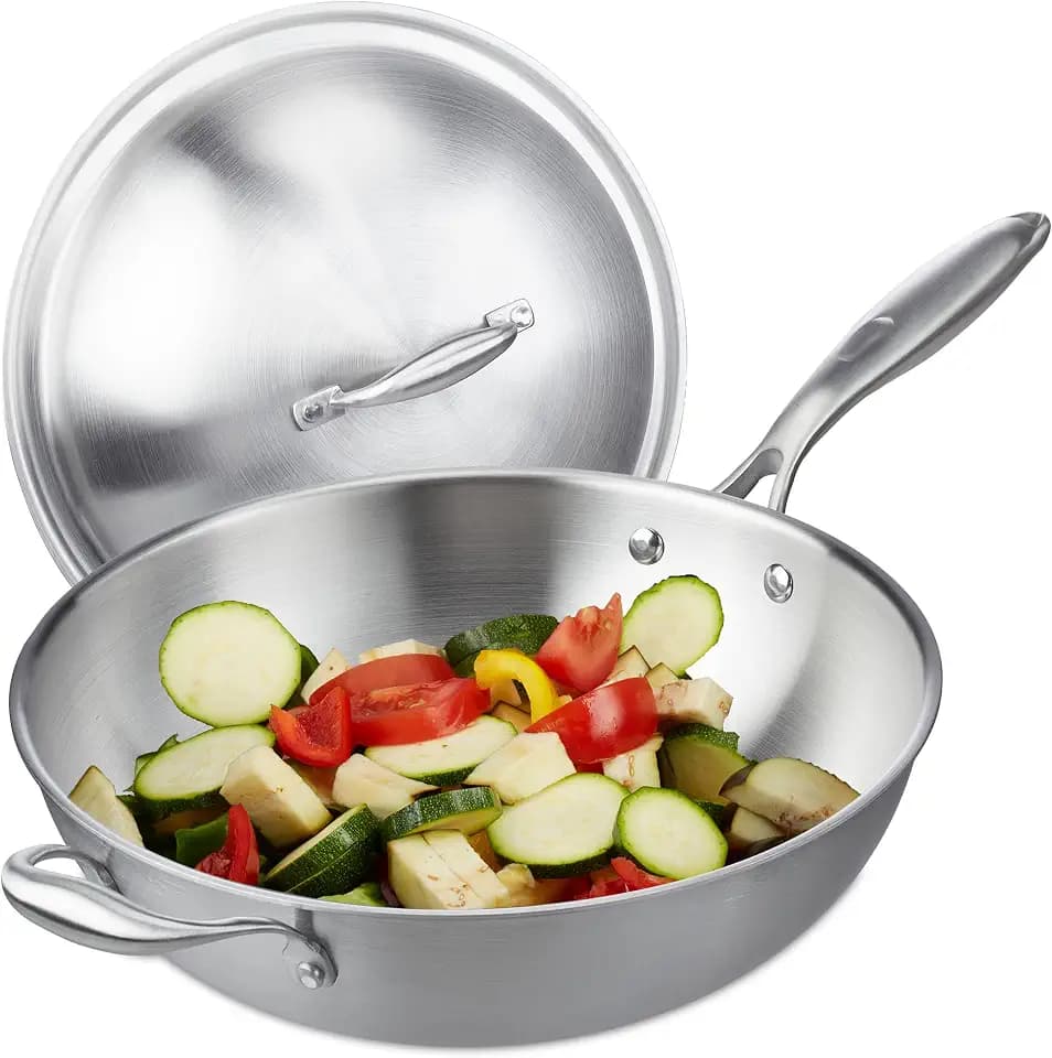 Relaxdays Wok, 32 cm, Edelstahl unbeschichtet, Gas-, Elektro-, Induktionsherd, Wokpfanne mit Deckel & Griff, silber 10038407, 23 x 60 x 32 cm