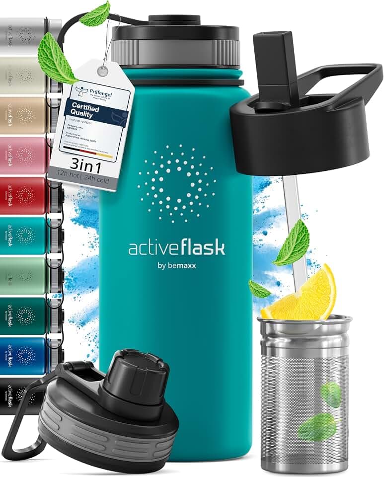 Trinkflasche Edelstahl ACTIVE FLASK + Strohhalm (3 Deckel) BPA-frei, Auslaufsicher, Kohlensäure geeignet - Wasserflasche Fahrrad Thermosflasche Isoliert Isolierflasche Sport Wasser Flasche Kinder Tee