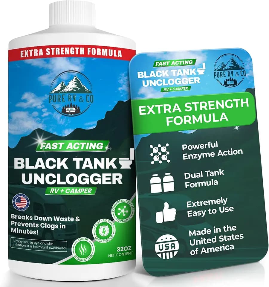 Extra Strength Black Tank Unclogger 32oz - Fast-Acting RV Clog Remover | Liquefies Pyramid Plugs, Sludge & Compacted Waste | Septic & Sensor Safe for Camper & Motorhome
