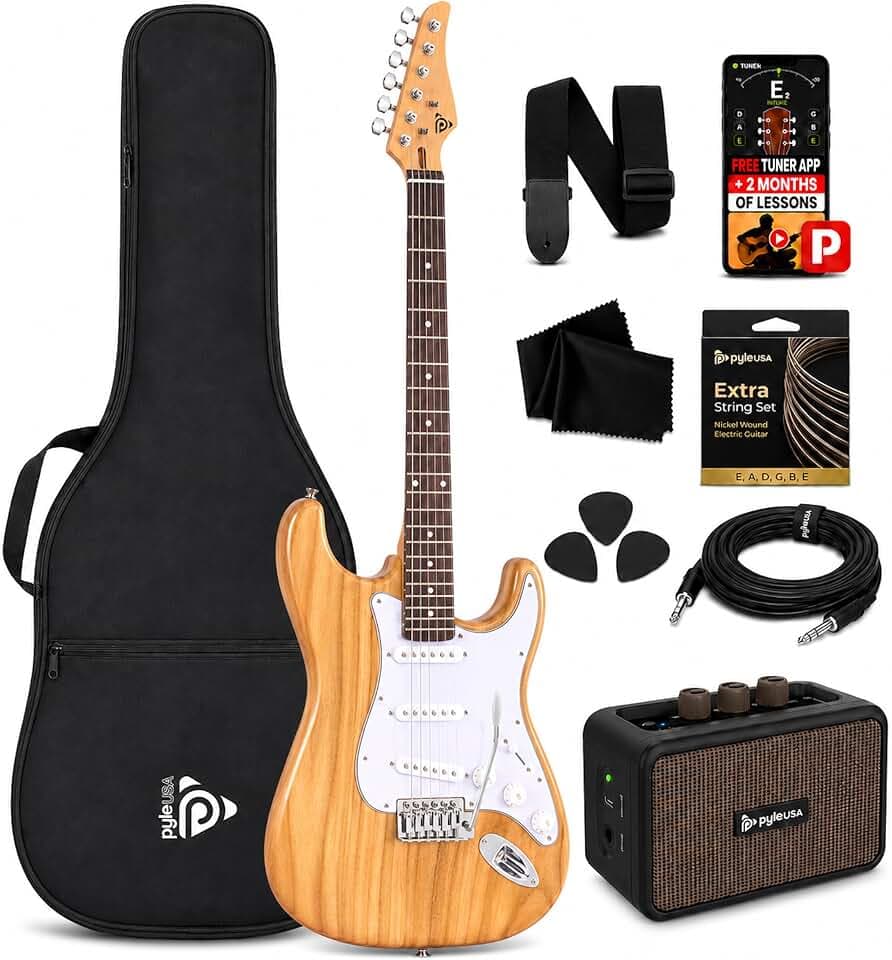 Pyle E-Gitarre Set Anfänger, ST-Gitarrenset mit 5W Verstärker, Gigbag, Gurt und Plektren, 22 Bünde, Natur