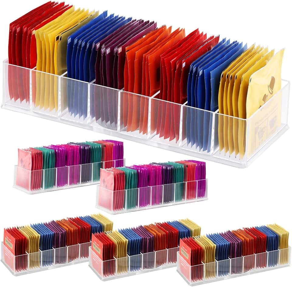 6-Pack Tea Bag Organizer Tea Organizer 8-Compartment Tea Bag Holder Clear