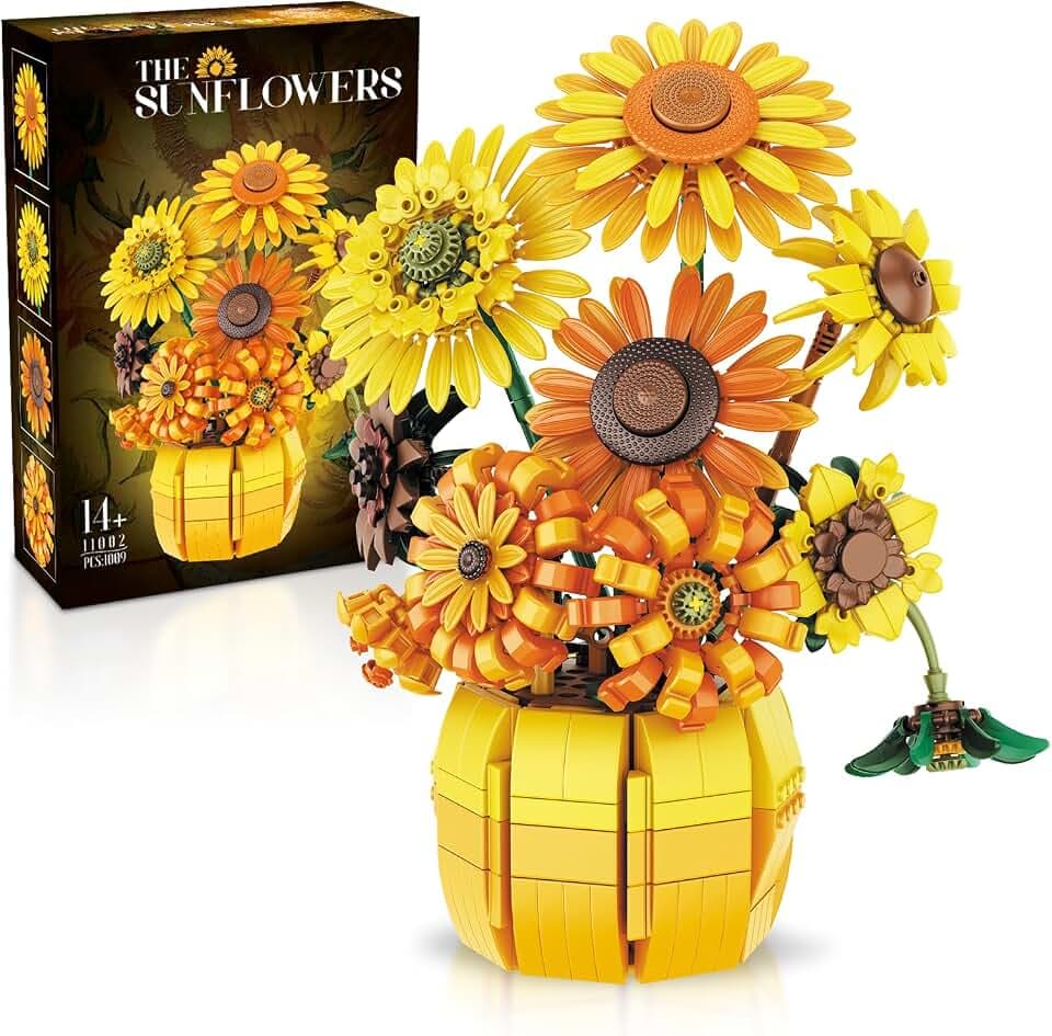 AKWME Icons Blumen Set Sonnenblumen Bausteine für Erwachsene, Van Gogh Drucke Kunst Botanische Kollektion für Frauen/Mädchen ab 14, Dekoration/Geschenke zu Weihnachten/Valentinstag/Geburtstag
