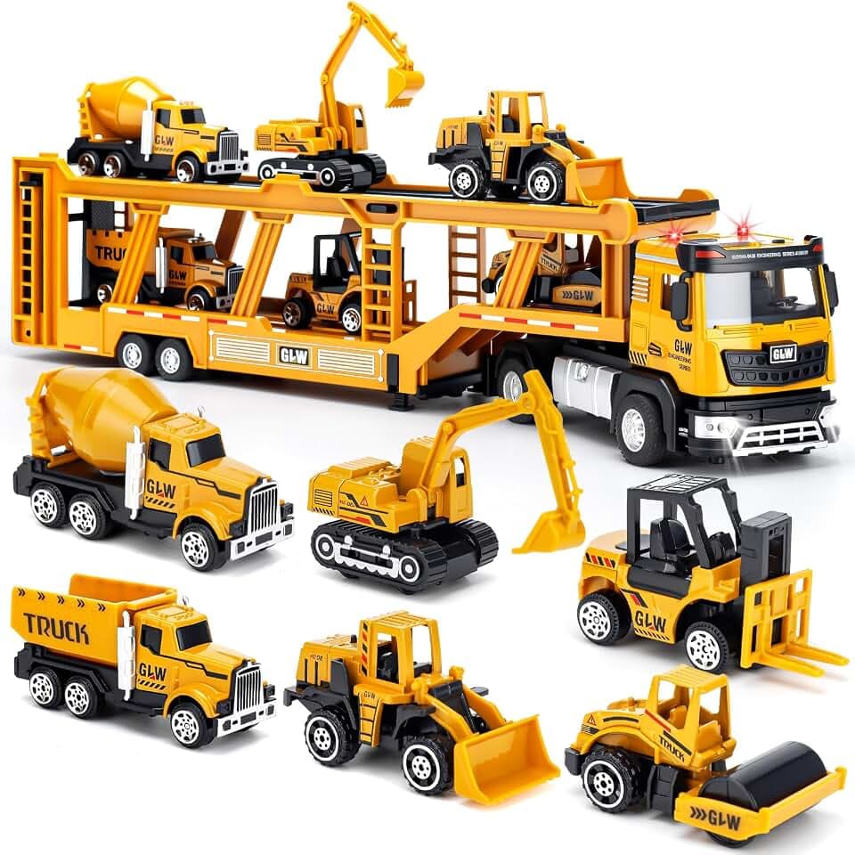 Naxudcoo Baufahrzeug Spielzeug für Kinder, LKW Spielzeugset mit Bagger, Autotransporter, Bulldozer, Bulldozer, Baustellenfahrzeuge Spielzeug für Jungen ab 3 4 5 Jahre, Geschenk für Kinder 3-7 Jahre