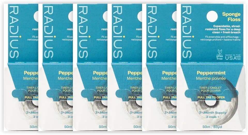 RADIUS Vegan Sponge Floss, Soft Expanding Dental Floss for Sensitive Gums and Tight Teeth, PFAS Free, Vegan, Plastic Free Packaging, 50m / 55 yd, Peppermint, Pack of 6
