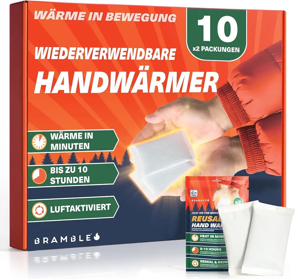 BRAMBLE 20 Handwärmer Wiederverwendbar (10 Doppelpackungen, 8 Stunden Wärme über 10 Tage) - Taschenwärmer Wärmepads für Golf, Wandern, Sport