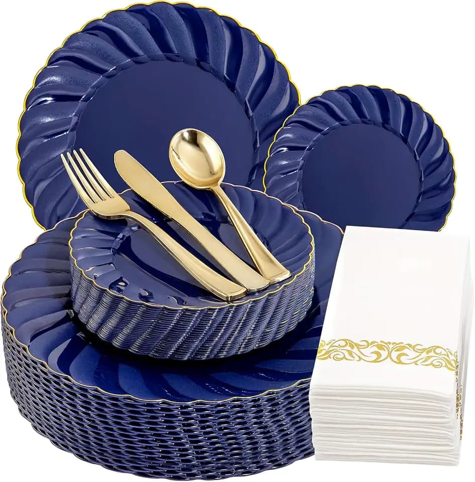 YOUBET 150PCS Blue Plastic Plates for Wedding Birthday Parties