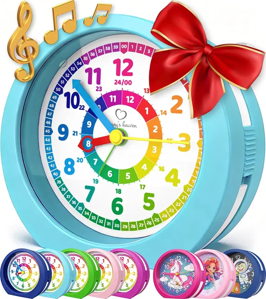 Honey's Heaven Kinderwecker ohne Ticken - für Jungen und Mädchen - Lernwecker Lernuhr Weckuhr Kinderuhr Quarzwecker Snooze Analog Quartz Wecker (Hellblau)