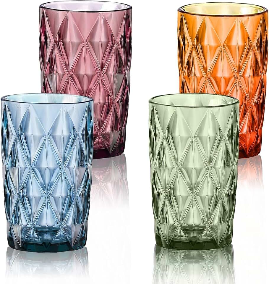 LOITTAINUE Trinkgläser Set Bunt - Gläser Set 4 Teilig 400ml Vintage Wassergläser aus Glas mit Geprägtem Design - Saftgläser Drinkgläser Küchengläser - Spülmaschinenfest (B)