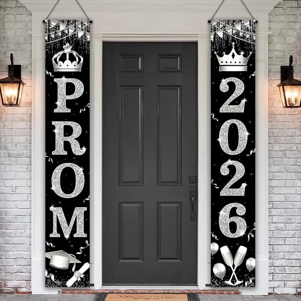 Prom Decorations 2026, Black and Silver Door Banner, Front Porch Welcome Sign 2026 for Send Off Decor, Outdoor Sign for High School College Graduation Party Decor