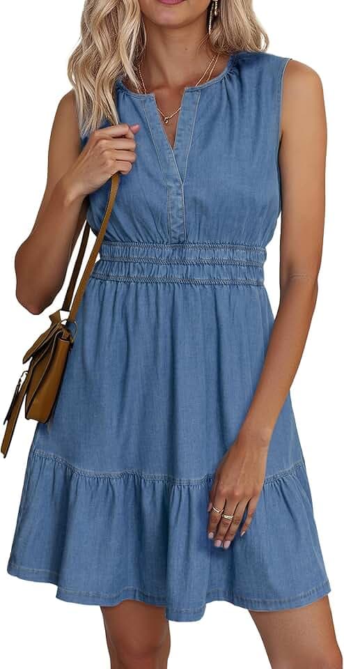 BerryGo Womens Denim Dress Sleeveless Summer Casual Jean Dress Tiered Cowgirl Country Mini Soft Light Chambray with Pockets