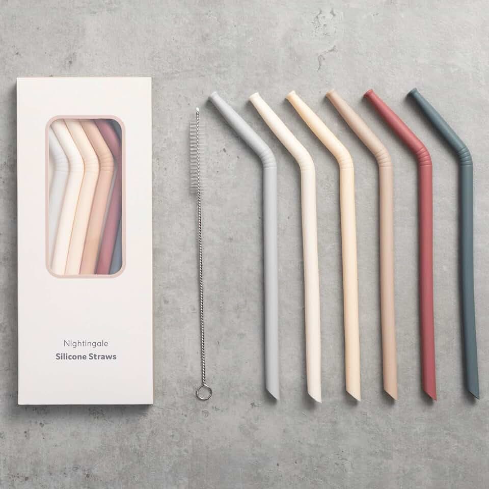 Nightingale Reusable Silicone Straws - Bendy Drinking Straw with Cleaning Brush - Collapsible and Bendable Travel Straw for Kids - Dishwasher Safe, Food-Safe - Set of 6 (Oak Multi)