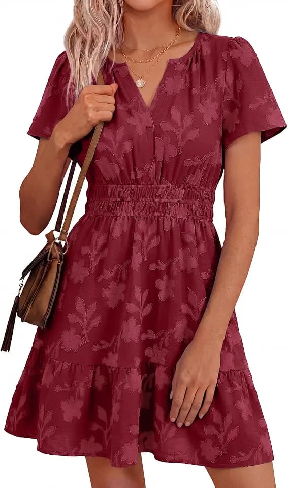 Simplee Womens Summer Floral Dress Casual Short Sleeve V Neck Empire Waist Boho Flowy A Line Mini Wedding Guest Dresses