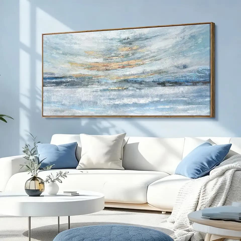 Nicetop Large Framed Canvas Wall Art 48x24 Abstract Coastal Blue Gold