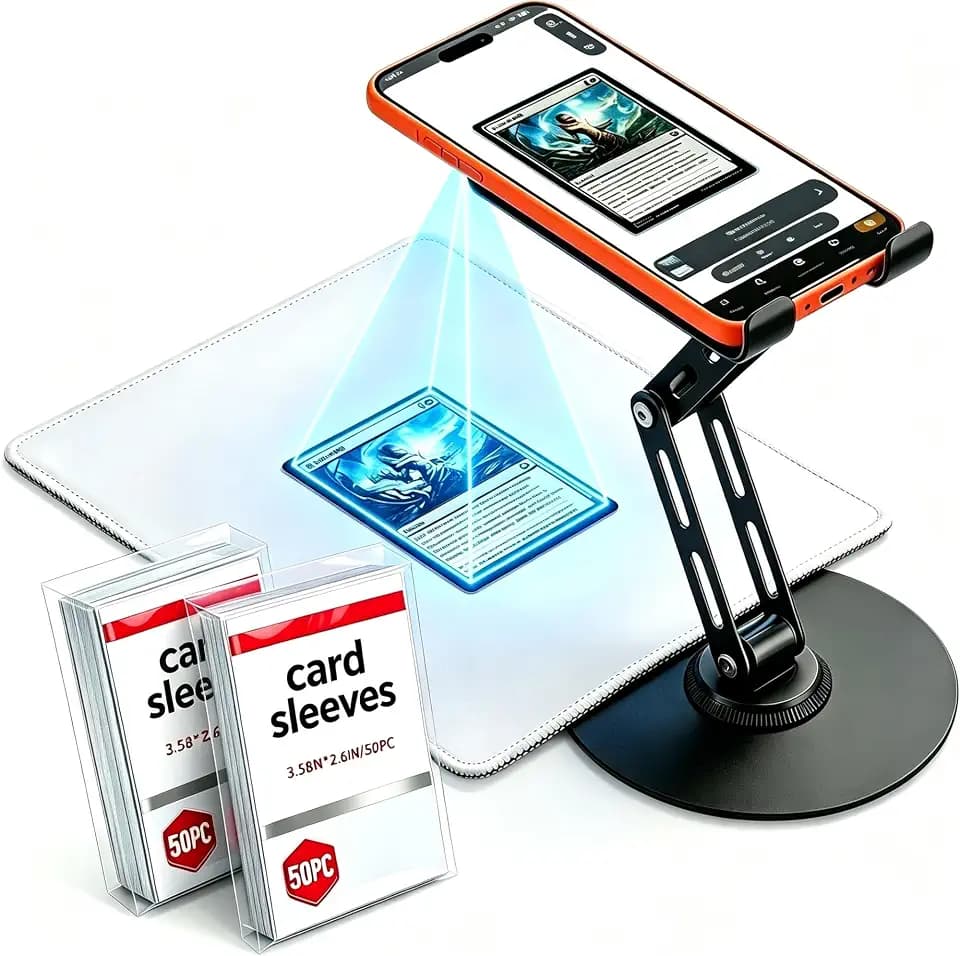 Card Scanner TCG, Foldable Trading Card Scanner Setup & Trading Card Stand - Carbon Steel Phone Mount for Quick Price Check, Includes Pad & 100PC Sleeves, Compatible with MTG