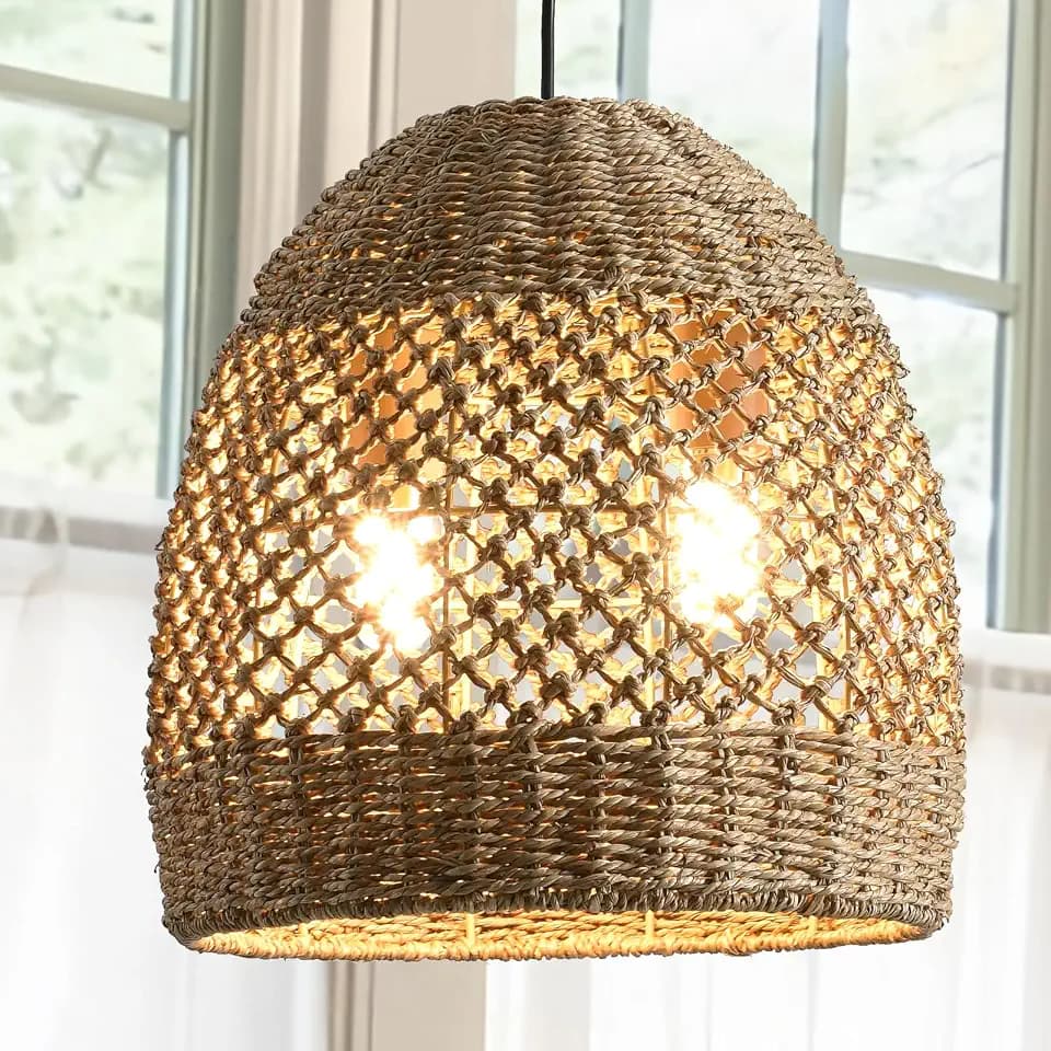 13in Rattan Pendant Light, Hand-Woven Wicker Fixtures