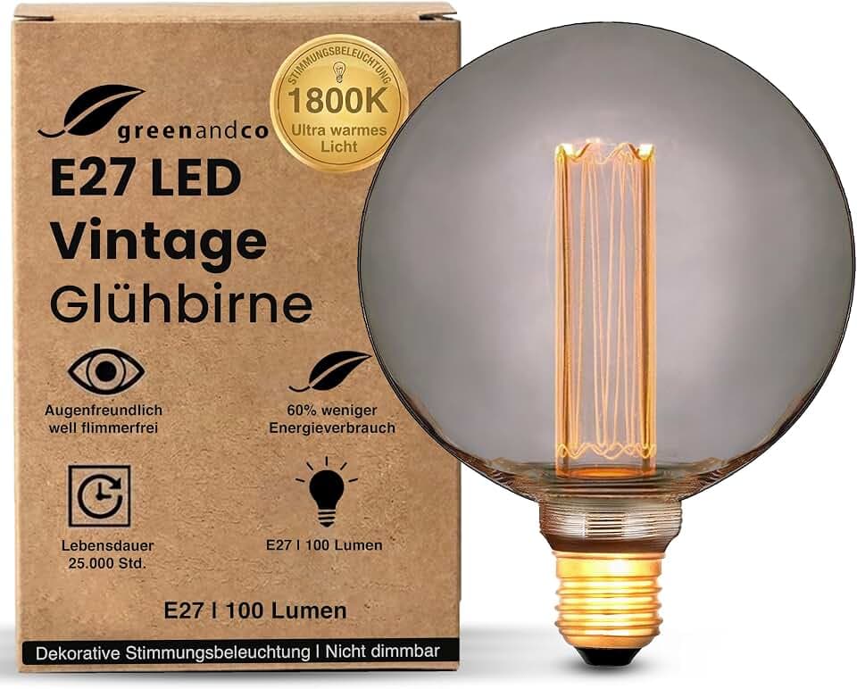 greenandco E27 LED Vintage Glühbirne G125 smoke 4W 100lm 1800K | Retro Edison LED Birne zur Stimmungsbeleuchtung, extra warmweiß, flimmerfrei, nicht dimmbar