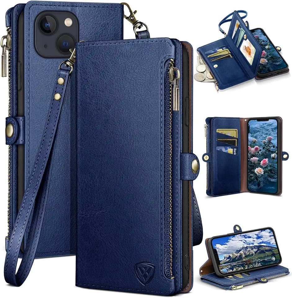 XcaseBar Compatible with iPhone 13 6.1" Wallet case with Zipper Credit Card Holder【RFID Blocking】,Flip Folio Book PU Leather Phone case Shockproof Cover Men Women for Apple 13 case Blue