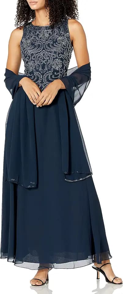 J Kara Womens Petite Sleeveless Scallop Long Beaded Dress W/Scarf