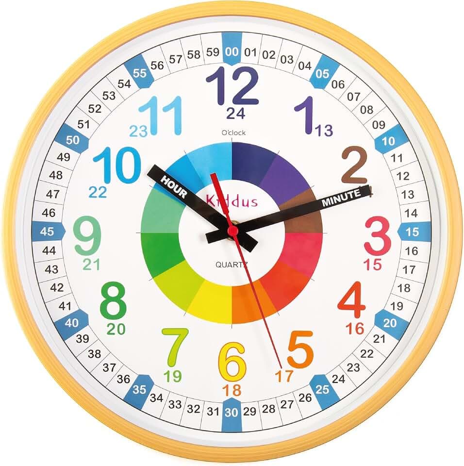 Kiddus Lernuhr Wanduhr Kinder 20cm, Pädagogische Uhr für Jungen & Mädchen, Lautloses Uhrwerk, Zeiger mit Stunde & Minute Beschriftung, Ideal für Schulanfänger - 10 Wood EN 30cm