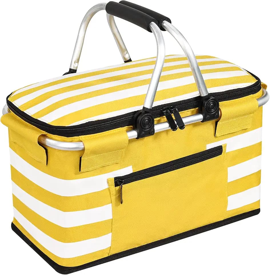 26L Insulated Picnic Basket,Leak-Proof Collapsible Bag,Yellow