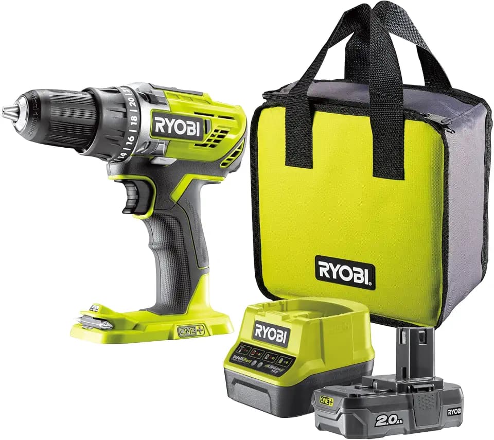 RYOBI 18 V ONE+ Akku-Bohrschrauber Set R18DD3-120S, inkl. 1 x 18 V 2,0 Ah Lithium+ Akku, Ladegerät, Werkzeugtasche