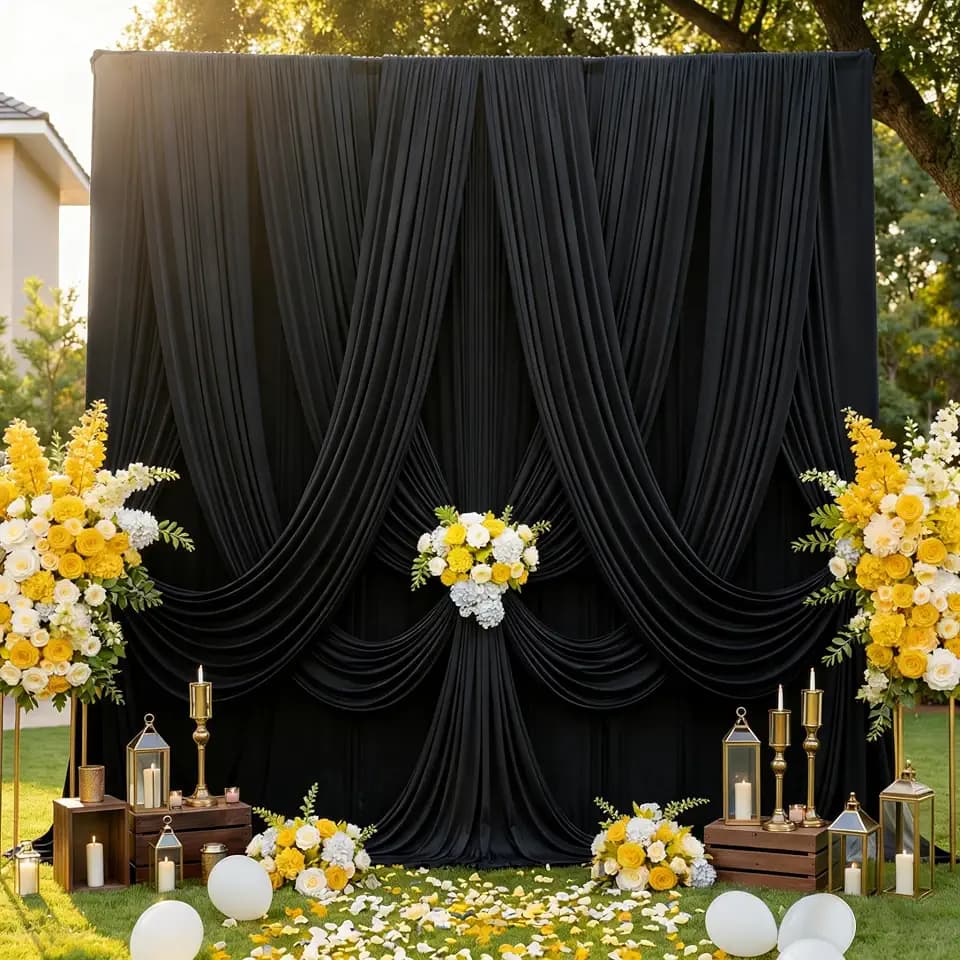 50ftx12 ft Wrinkle Free Black Backdrop Curtain for Wedding Parties, 10 Panels 5x12 ft Long Silky Polyester Fabric Backdrop Drapes Black Photo Back Drop Cloth for Parties Photography Background