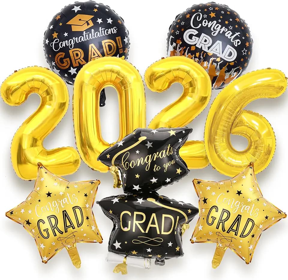 2026 Graduation Party Decorations - 9 Pcs Black Gold Graduation Foil Balloons Set Congrats Grad 2026 Graduation Cap Balloons for Graduation Decorations Class of 2026