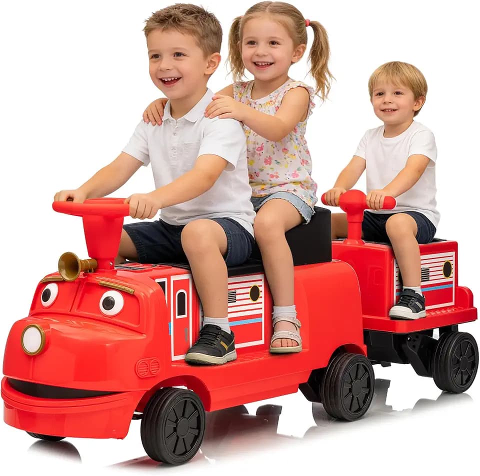 GarveeLife 2 Seater Ride On Train Trackless, 12V Kids Ride On Toy with Height Adjustable Seat, Storage Space, Music, 2 Speeds, Electric Car for Toddlers 3+ Carriage Not Included-Red