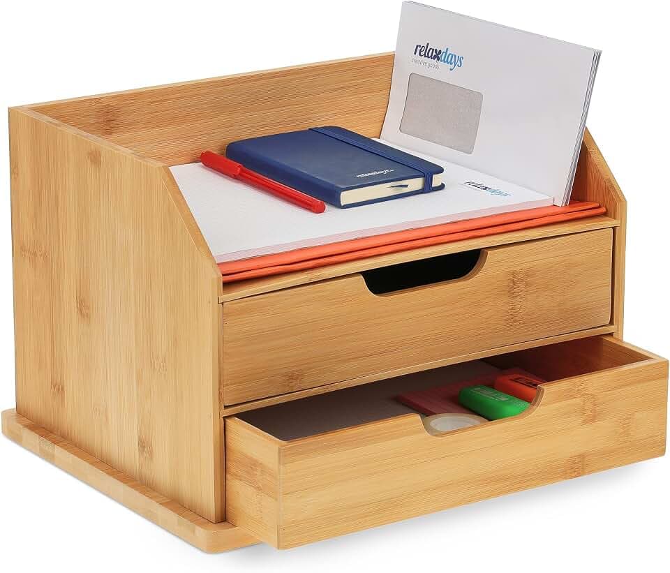 Relaxdays Schreibtisch-Organizer, 2 Schubladen, Büro, Ablage für Briefe & Dokumente, HBT 24 x 36 x 28 cm, Bambus, Natur