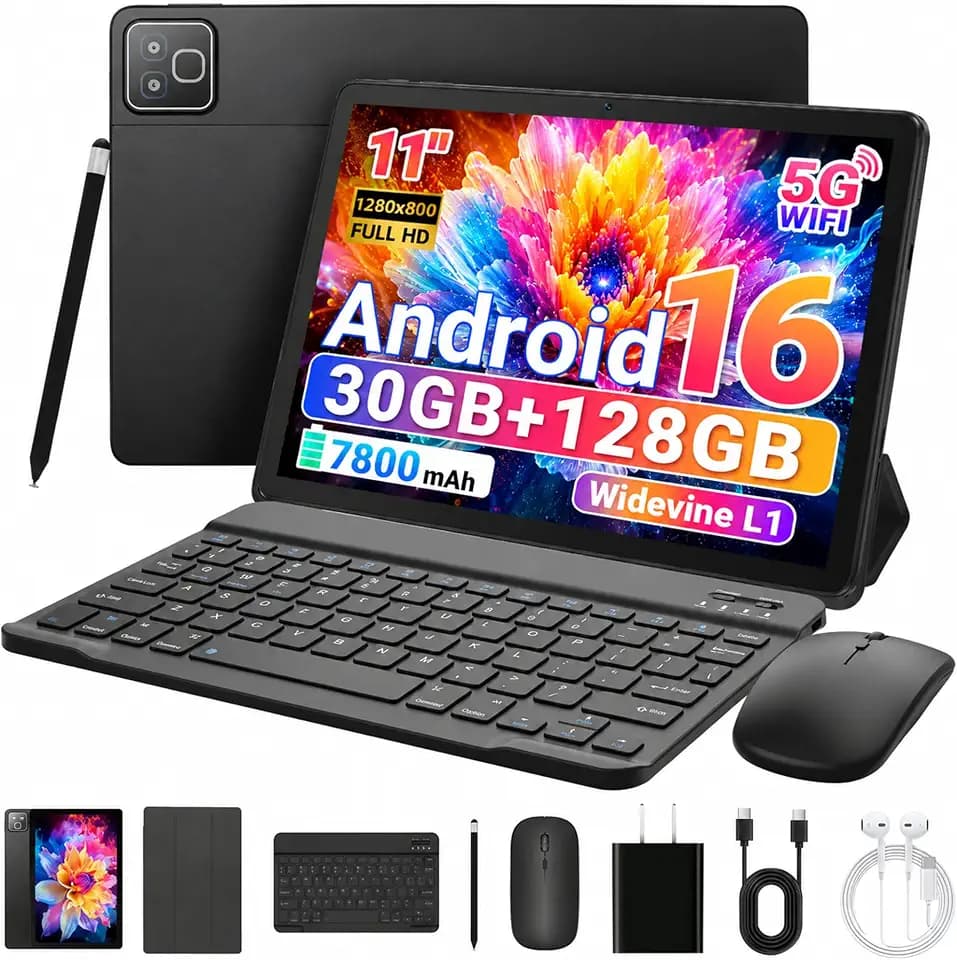11 Inch 2 in 1 Android 16 Tablet with Keyboard Mouse Pen Case, 30GB RAM 128GB 1TB Expandable, 7800mAh Battery, HD Screen Widevine L1, Dual Cameras Face Unlock, WiFi 6 BT 5.4 Tablets Bundle