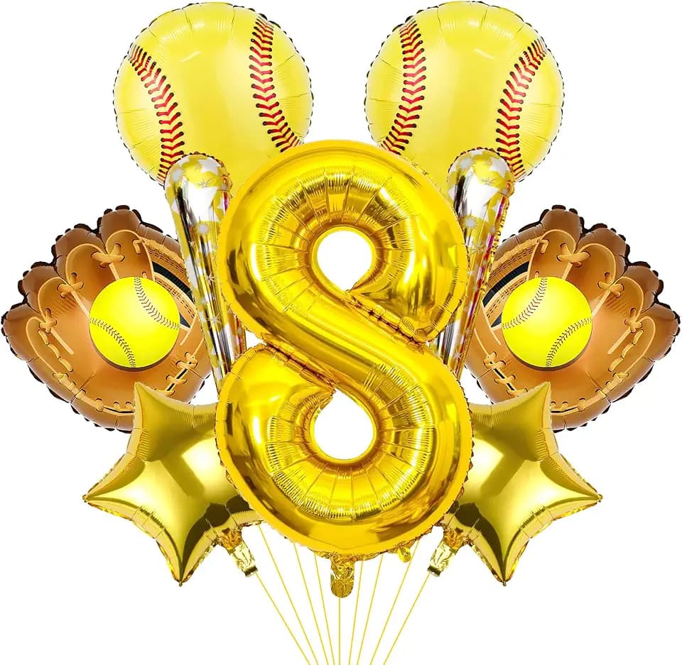 9pcs Softball Balloons - Softball Birthday Number Mylar Foil Balloons - Party Supplies & Decorations (8th)