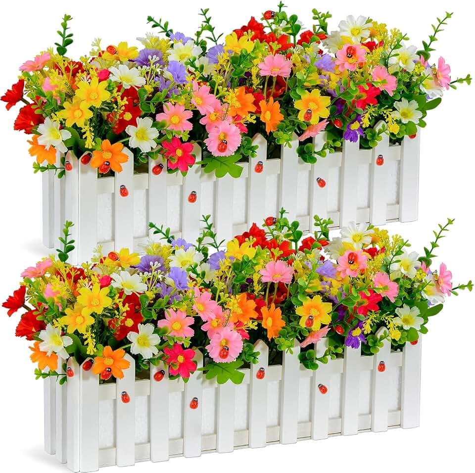 Künstliche Blumenpflanzen - gemischte Farbe Gänseblümchen in Lattenzaun Topf für Haus Innenraum Büro Hochzeit Dekoration, 2 Sätze