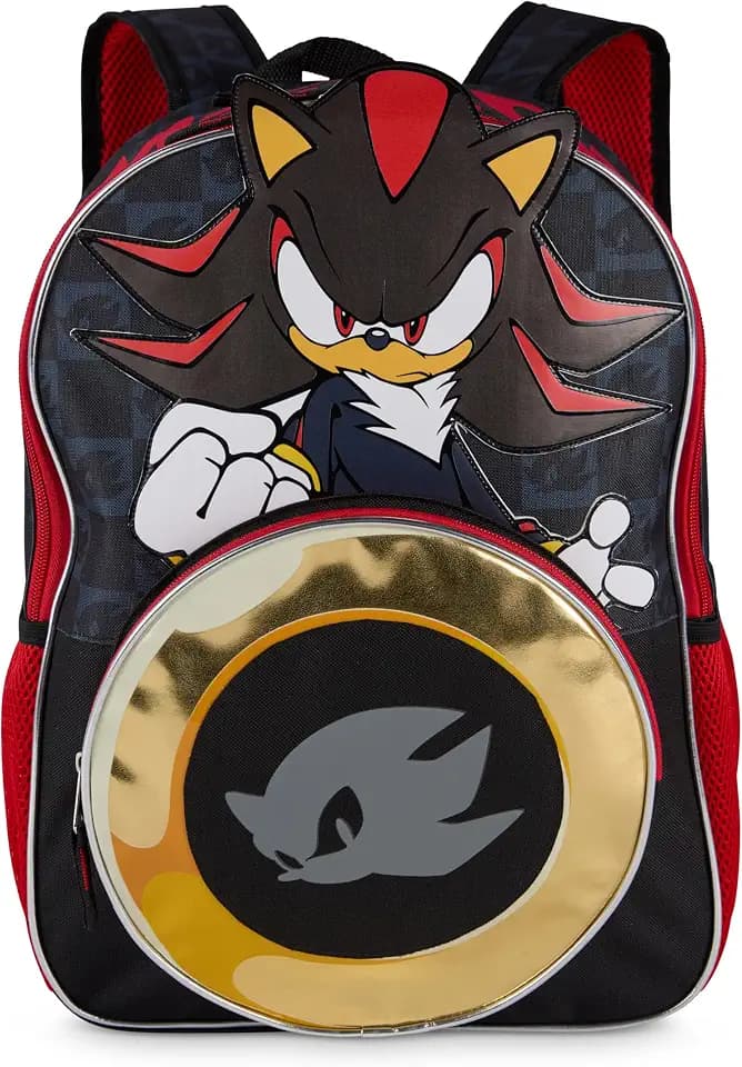 AI ACCESSORY INNOVATIONS Sonic The Hedgehog Backpack for Boys & Girls, Shadow 16 Inch Schoolbag with Die-cut Metallic Gold Ring Pocket, Black