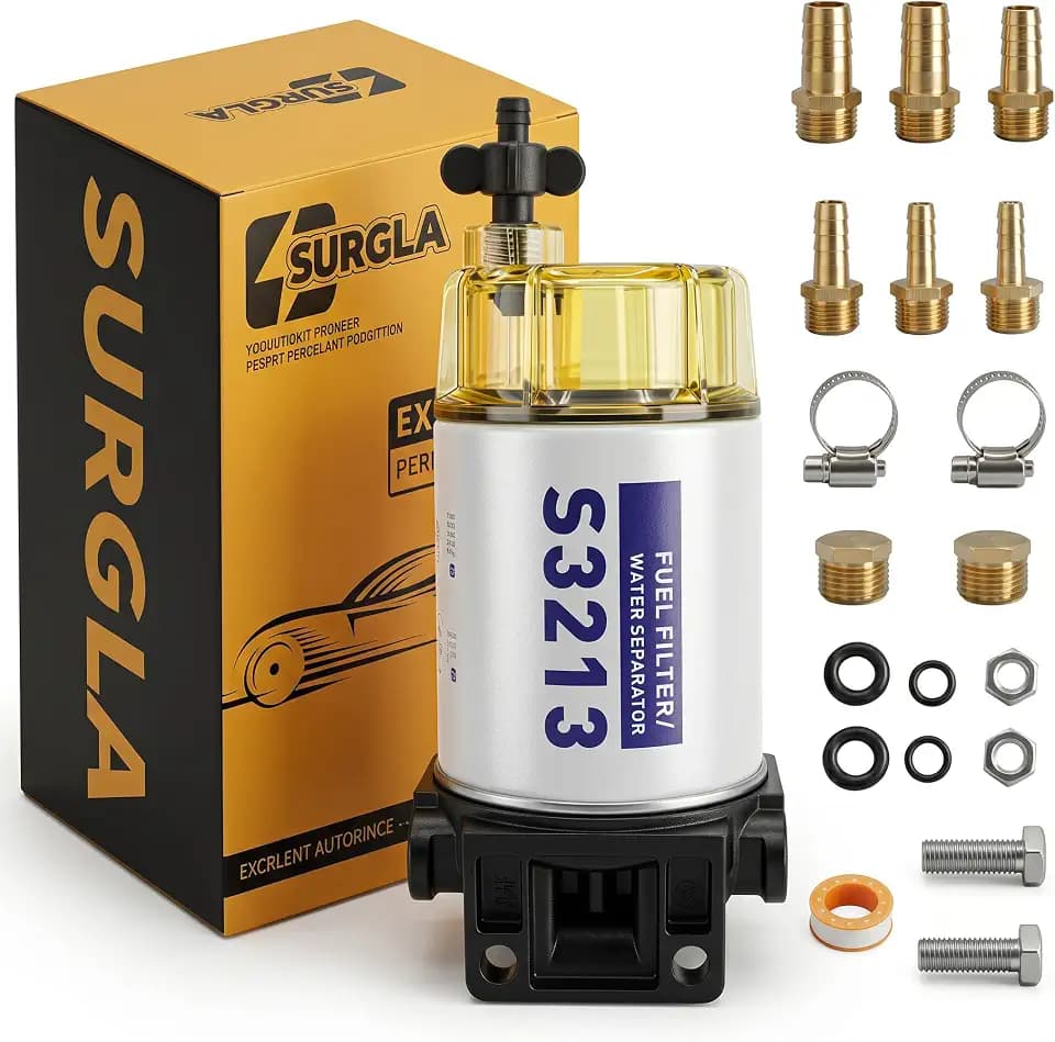 S3213 Fuel Water Separator Filter with Clear Bowl: 10 Micron Marine Fuel Filter Compatible with Yamaha/Mercury/Suzuki/Racor. Replaces 35-60494-1, 18-7932-1. Installation Kit Screws, Fittings & Clamps
