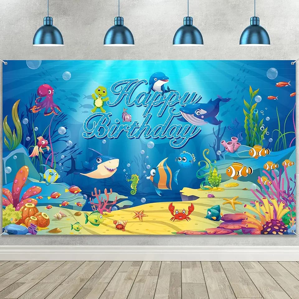 Ozean Tier Happy Birthday Dekoration, Unter Meer Geburtstag Hintergrund Ozean Thema Geburtstag Fotografie Hintergrund Banner für Kinder Delphin Hai Unterwasser Blau, 72,8 x 43,3 Zoll