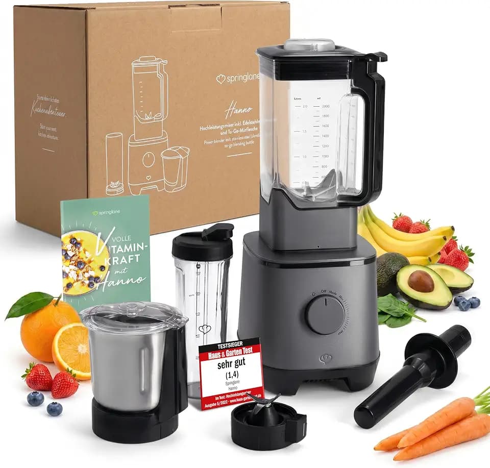 SPRINGLANE Hochleistungsmixer Hanno 2000 W, 32.000 U/min, 4 Programme, Selbstreinigungsfunktion, Standmixer mit 2,5 L Tritan-Behälter ohne BPA, inkl. Edelstahlmixbehälter & To-Go-Mixflasche