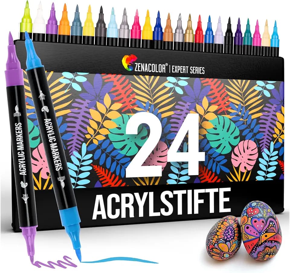 Zenacolor 24 Acrylstifte für Steine wasserfest mit Doppelspitze (feine Spitze und Pinsel) - Acrylstifte verschiedene Oberflächen - Multimarker Acryl