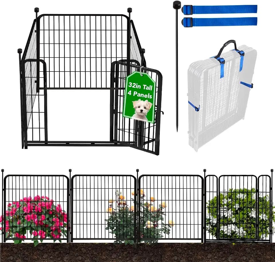 ADAVIN 32in Tall Garden Fence with Low Threshold Gate, 4 Panels Dog Fence