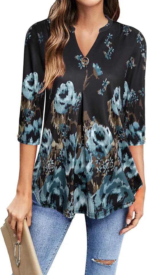 Gaharu Damen Bluse 3/4 Arm Elegant V-Ausschnitt Tunika Shirt Oberteil Flowy Locker Longshirt Tops