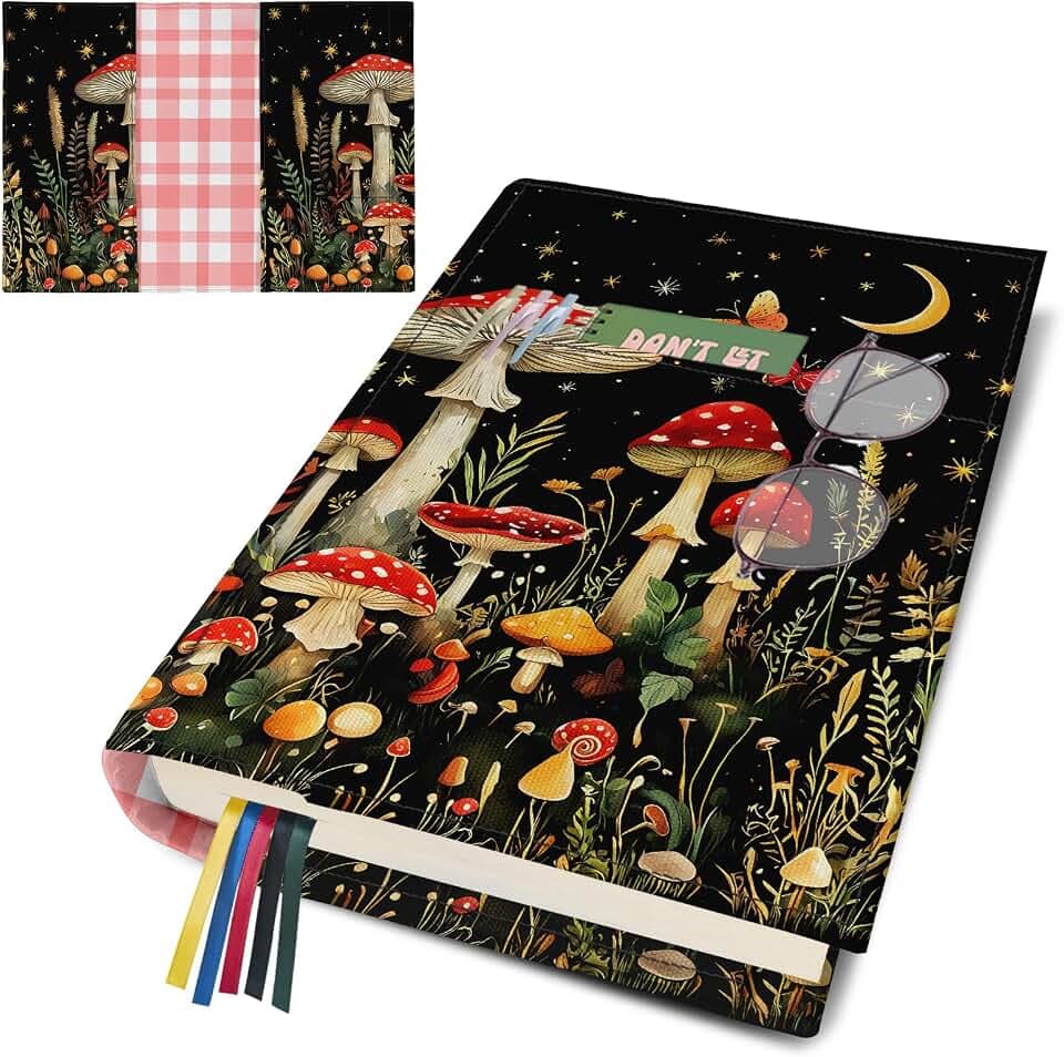 bolimoss Pilz-Buchhülle, verstellbare Buchumschläge mit Vordertasche, waschbare Leinwand, Buchumschlag für Taschenbücher, Romane, Stoffbuchhüllen für mit Lesezeichen, Geschenk für Frauen