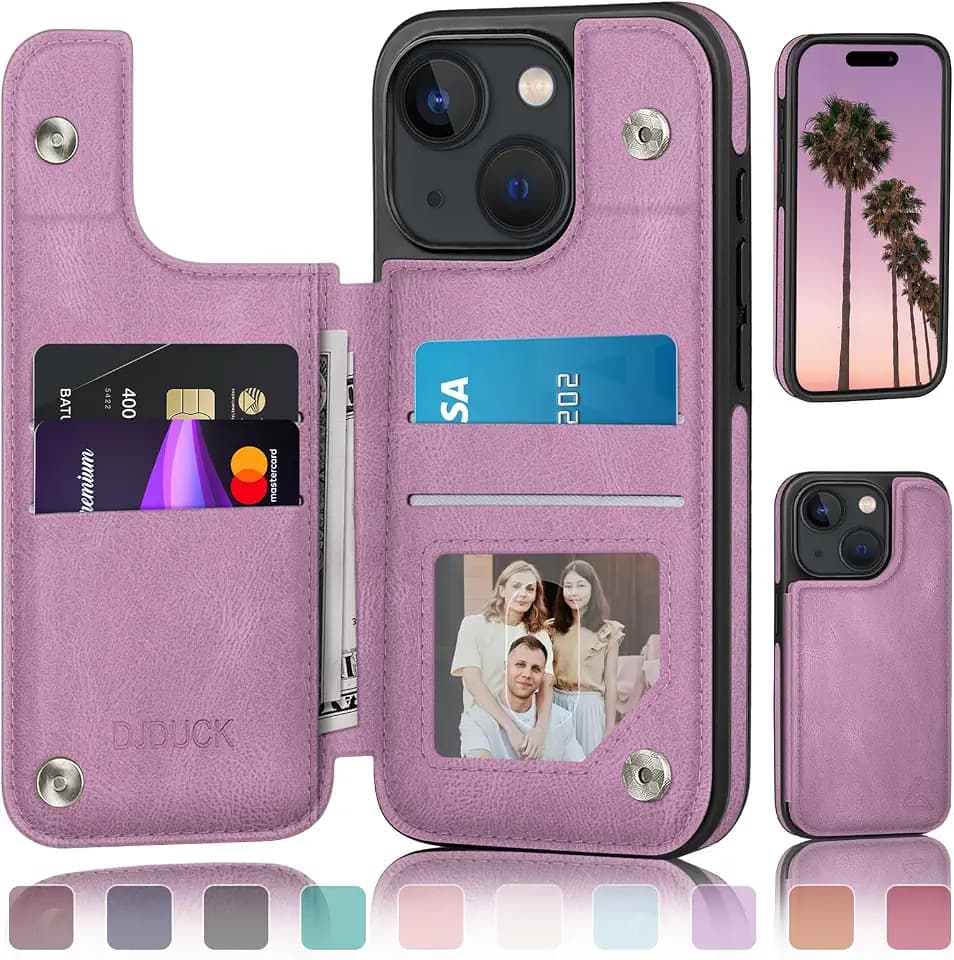 DJDUCK Designed for iPhone 15 Case Wallet with Card Holder, [Magnetic Clasp Cover] [RFID Blocking Leather Protection] Shockproof Women Men Cases 6.1 Inch for Apple 15 Light Purple