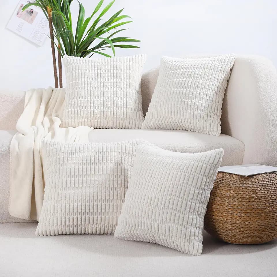 All Smiles Decorative Cream Throw Pillow Covers 16x16 Set of 4 Farmhouse Rustic Boho Home Decor Soft Plush Striped Corduroy Square Cushion Case for Living Room Couch Bed Sofa