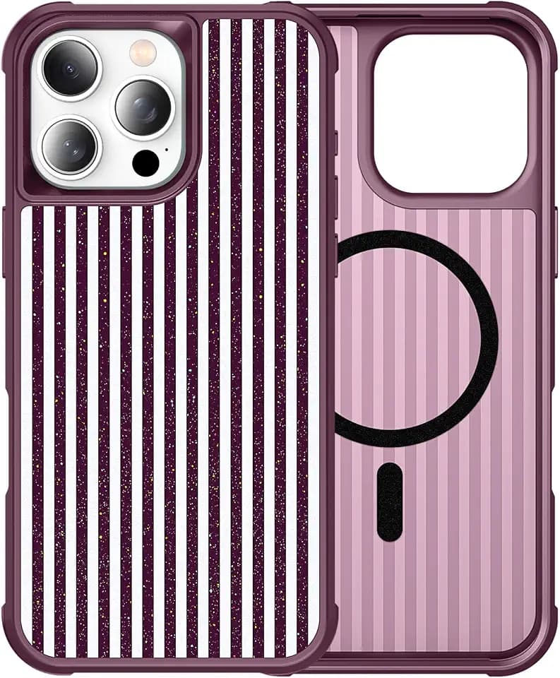 STERKER for iPhone 16 Pro Max Case Cute Glitter Striped Phone Case Hard PC & Soft TPU Edge Slim Shockproof Stylish Phone Cover for Women Girls | Compatible with MagSafe, Burgundy