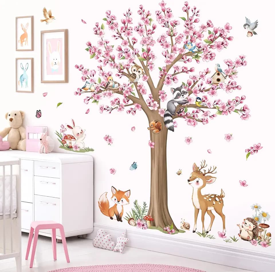 decalmile Pink Cherry Blossom Tree Flower Wall Decals Stickers (XL)