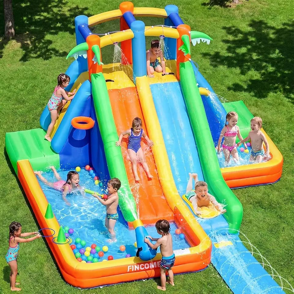 FINCOME Inflatable Water Slide Bounce House with Extend Long Splash Waterslide for Kids Backyard, Blow Up Bouncy Castle Park with 2 Water Pool, Basketball Hoop, Water Cannon for Indoor, Outdoor, Party